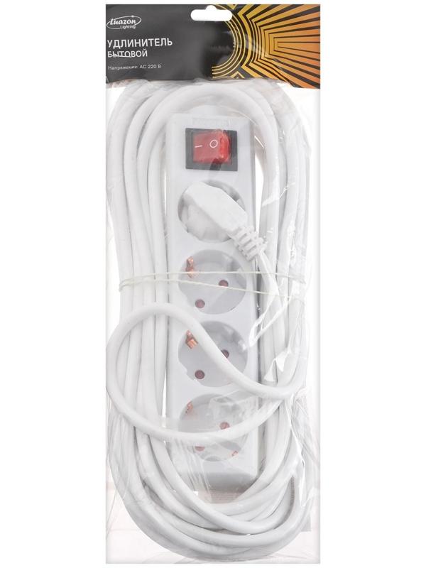 Удлинитель Luazon Lighting, 4 розетки, 10 м, 6 А, 1300 Вт, 3х0.75 мм2, с з/к, с выкл., Б