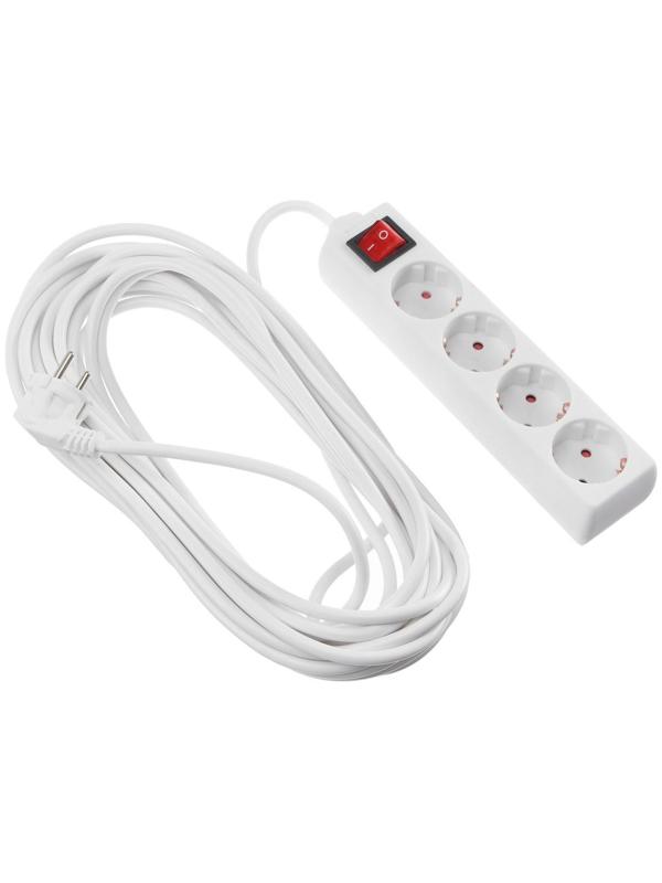 Удлинитель Luazon Lighting, 4 розетки, 10 м, 6 А, 1300 Вт, 3х0.75 мм2, с з/к, с выкл., Б