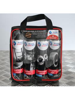 Подарочный набор для ухода за авто Grand Caratt, набор автохимии: силиконовая смазка 400 мл, полироль пластика 400 мл, очиститель салона 400 мл, чернитель шин 400 мл + микрофибра