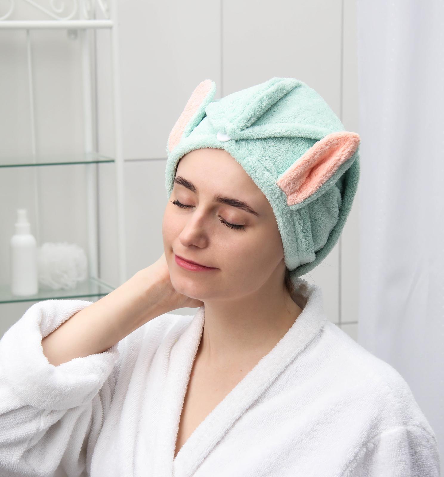 Чалма для сушки волос «Ушки», с пуговкой, микрофибра, цвет МИКС