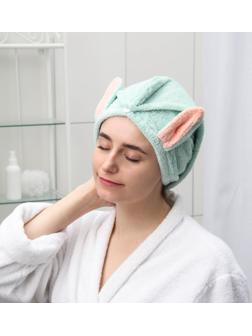 Чалма для сушки волос «Ушки», с пуговкой, микрофибра, цвет МИКС