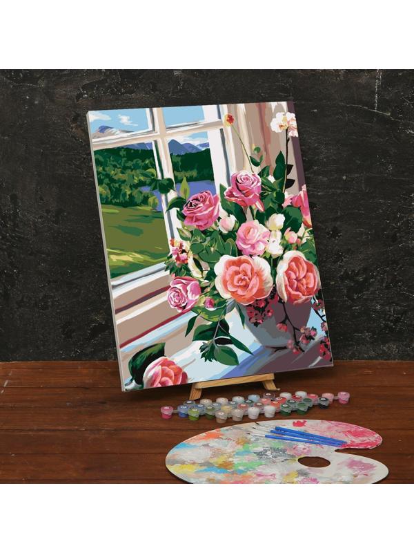 Картина по номерам на холсте с подрамником «Букет роз на окне» 40х50 см