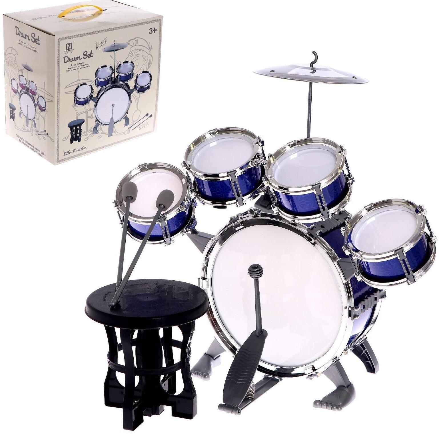 Барабанная установка «Басист», 5 барабанов, тарелка, палочки, стульчик, педаль, МИКС