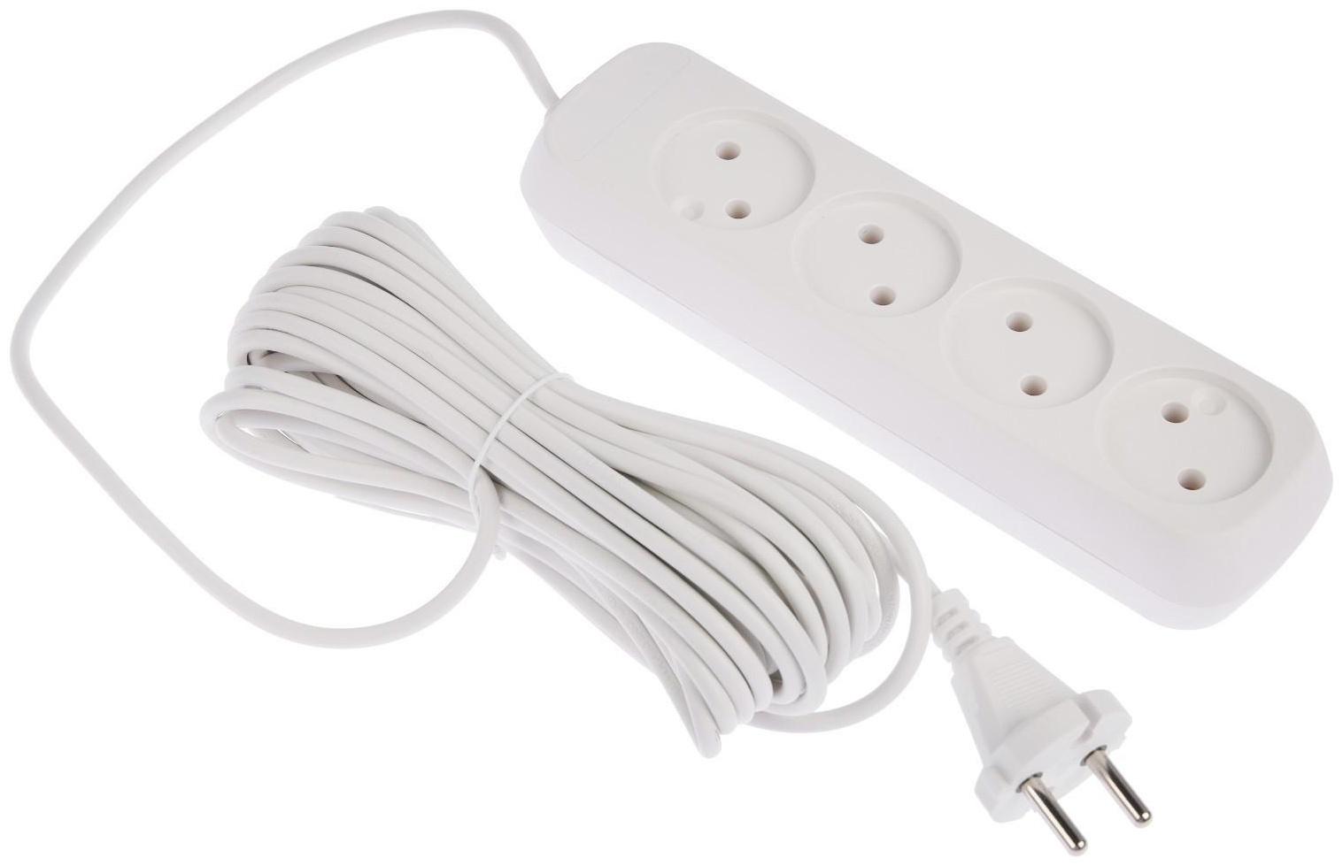 Удлинитель 4 розетки, 10 м, 10 А, 2200 Вт, ПВС 2х0.75 мм2, без з/к, белый