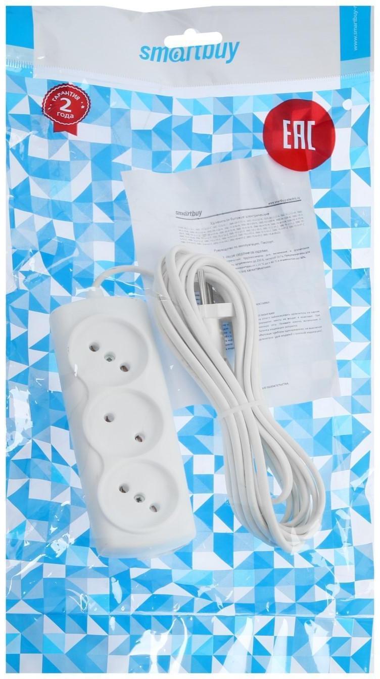 Удлинитель Smartbuy, 3 розетки, 5 м, 6 А, 1350 Вт, ШВВП 2х0.75 мм2, без з/к, белый