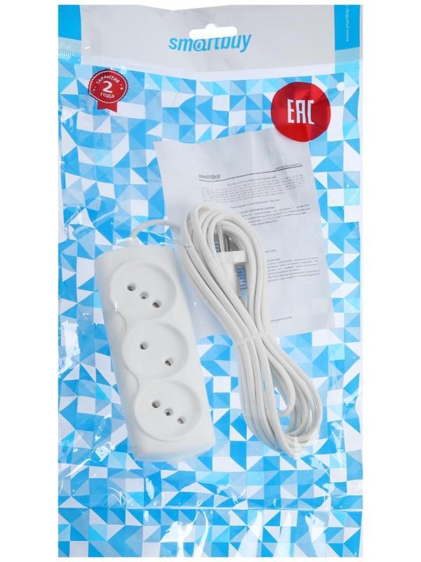 Удлинитель Smartbuy, 3 розетки, 5 м, 6 А, 1350 Вт, ШВВП 2х0.75 мм2, без з/к, белый
