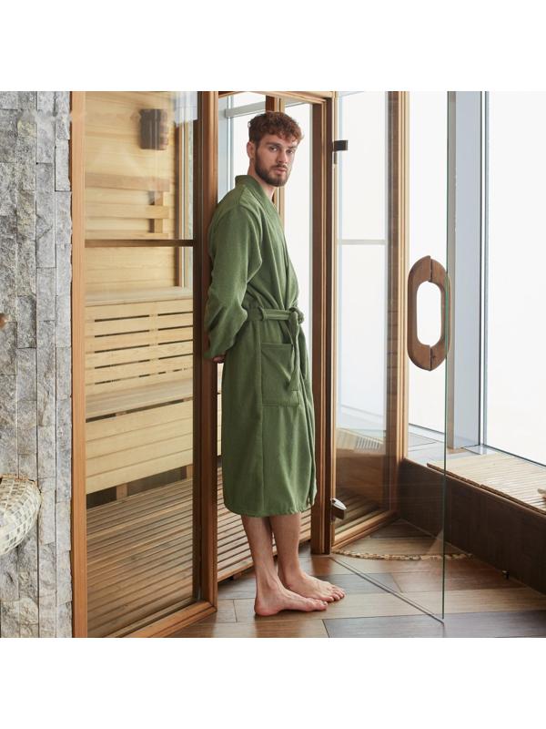 Халат вафельный мужской удлинённый Экономь и Я размер 46-48, цвет хаки, 100% хлопок, 200г/м2