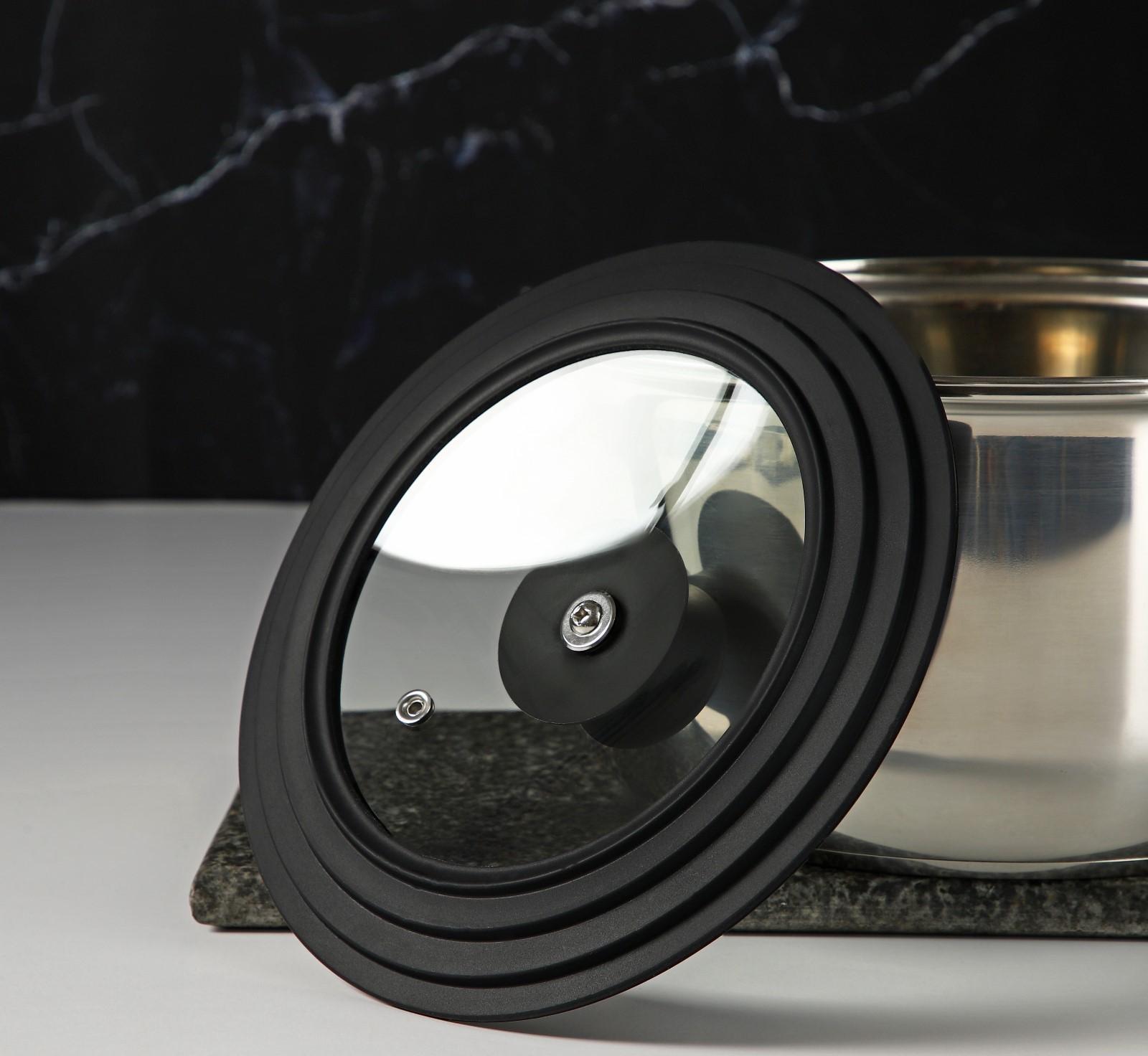 Крышка для сковороды и кастрюли Доляна стеклянная, универсальная, с силиконовым ободком и ручкой, d=16/18/20 см, цвет чёрный