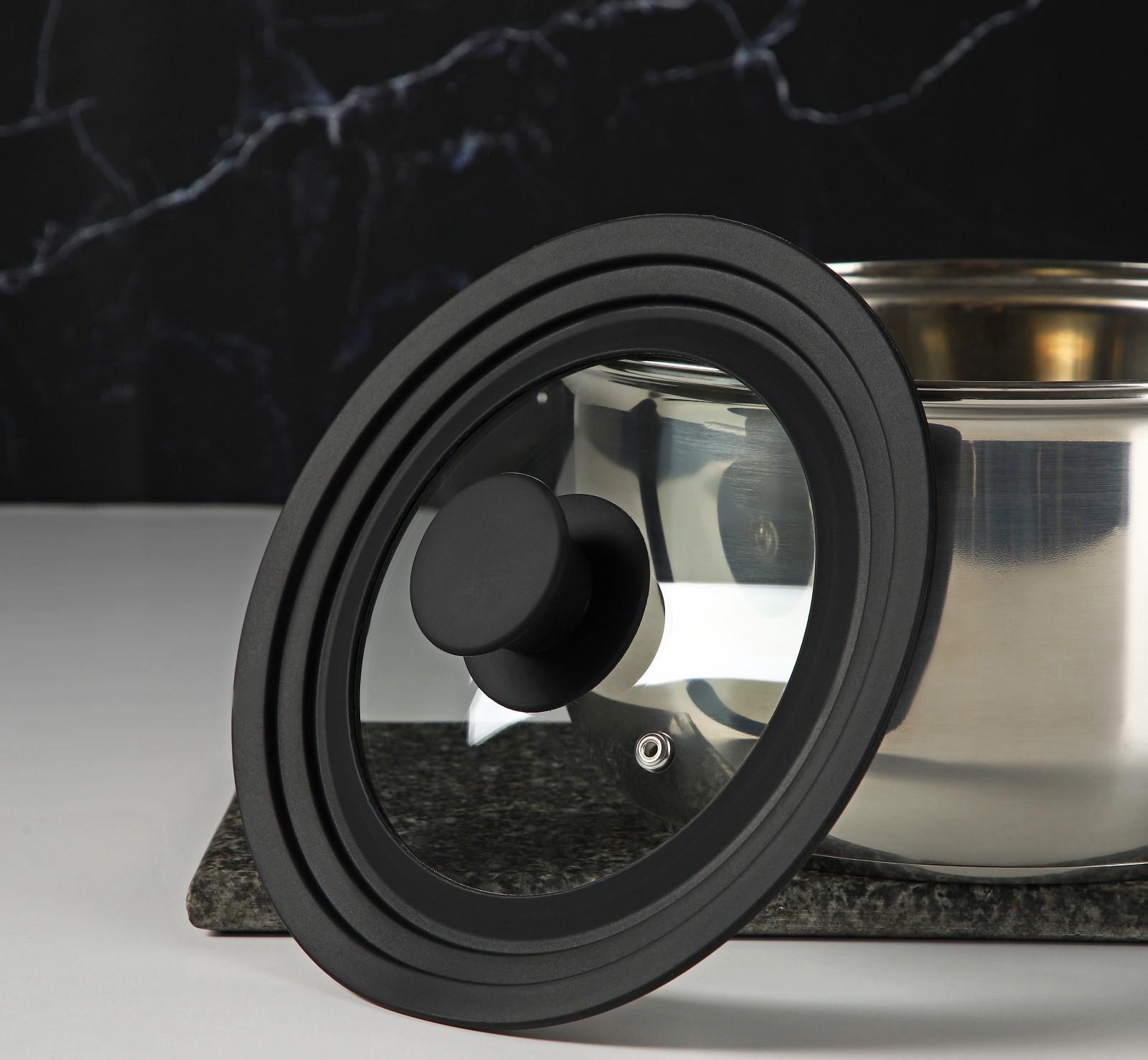 Крышка для сковороды и кастрюли Доляна стеклянная, универсальная, с силиконовым ободком и ручкой, d=16/18/20 см, цвет чёрный