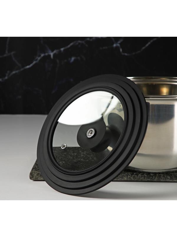 Крышка для сковороды и кастрюли Доляна стеклянная, универсальная, с силиконовым ободком и ручкой, d=16/18/20 см, цвет чёрный