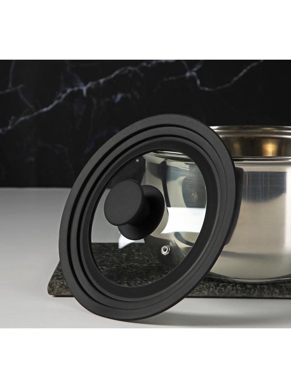 Крышка для сковороды и кастрюли Доляна стеклянная, универсальная, с силиконовым ободком и ручкой, d=16/18/20 см, цвет чёрный