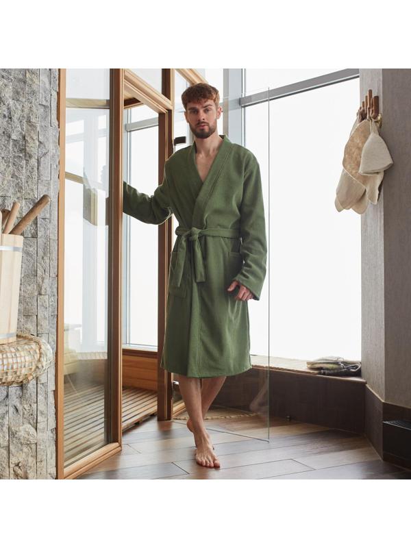 Халат вафельный мужской удлинённый Экономь и Я размер 58-60, цвет хаки, 100% хлопок, 200г/м2