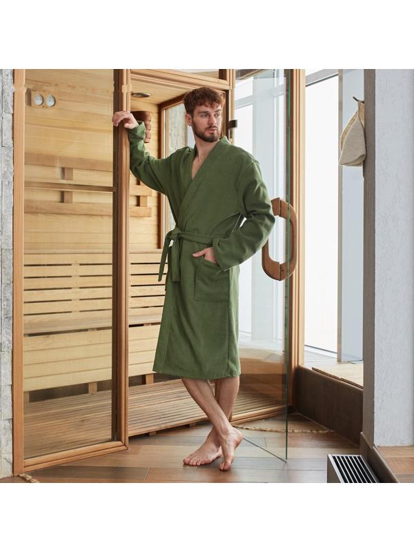 Халат вафельный мужской удлинённый Экономь и Я размер 58-60, цвет хаки, 100% хлопок, 200г/м2