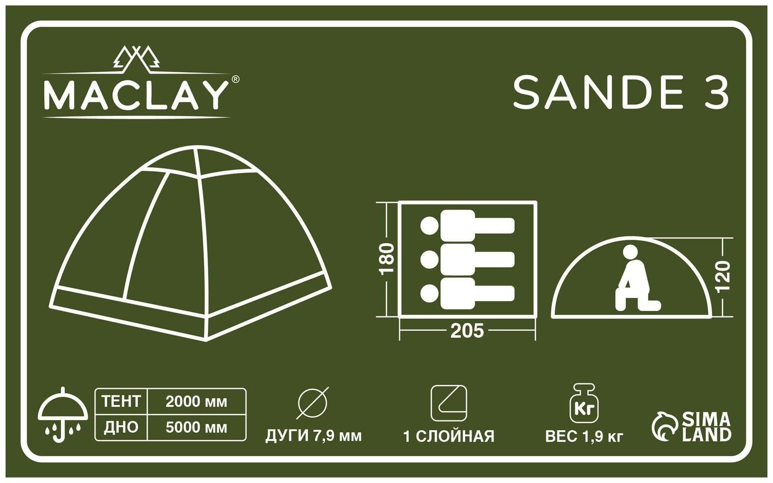 Палатка туристическая SANDE 3, р. 205 х 180 х 120 см, 3-местная, однослойная