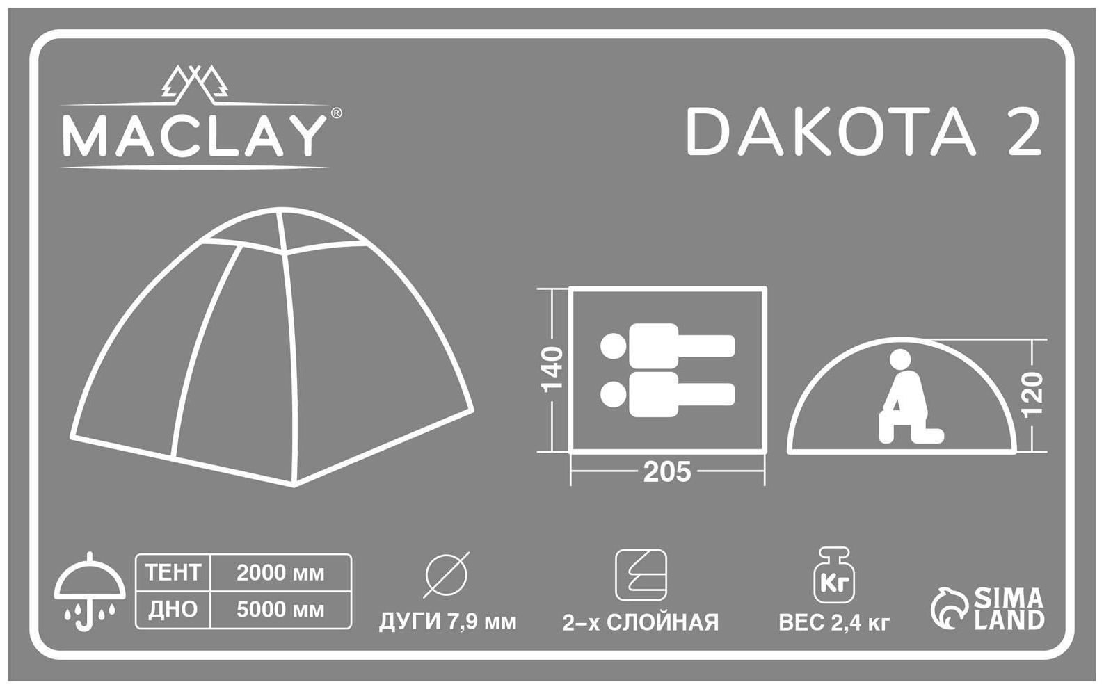 Палатка туристическая DAKOTA 2, размер 205 х 140 х 120 см, 2-местная, двухслойная