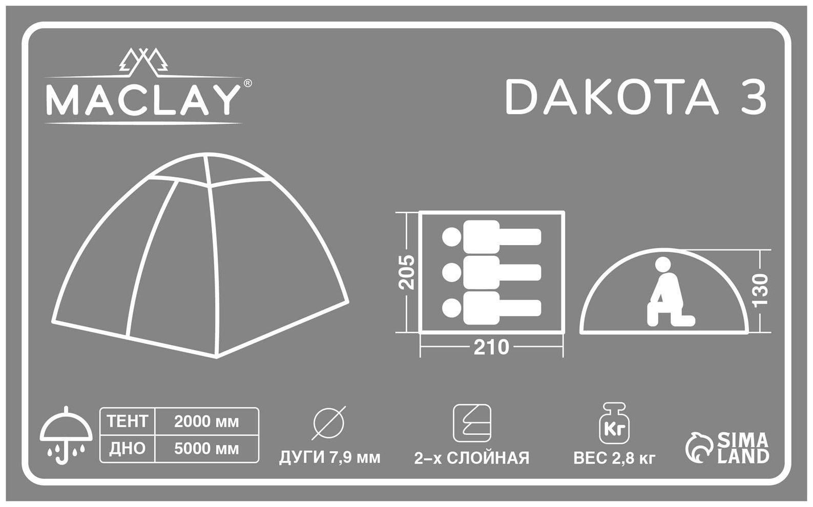 Палатка туристическая DAKOTA 3, размер 210 х 205 х 130 см, 3-местная, двухслойная