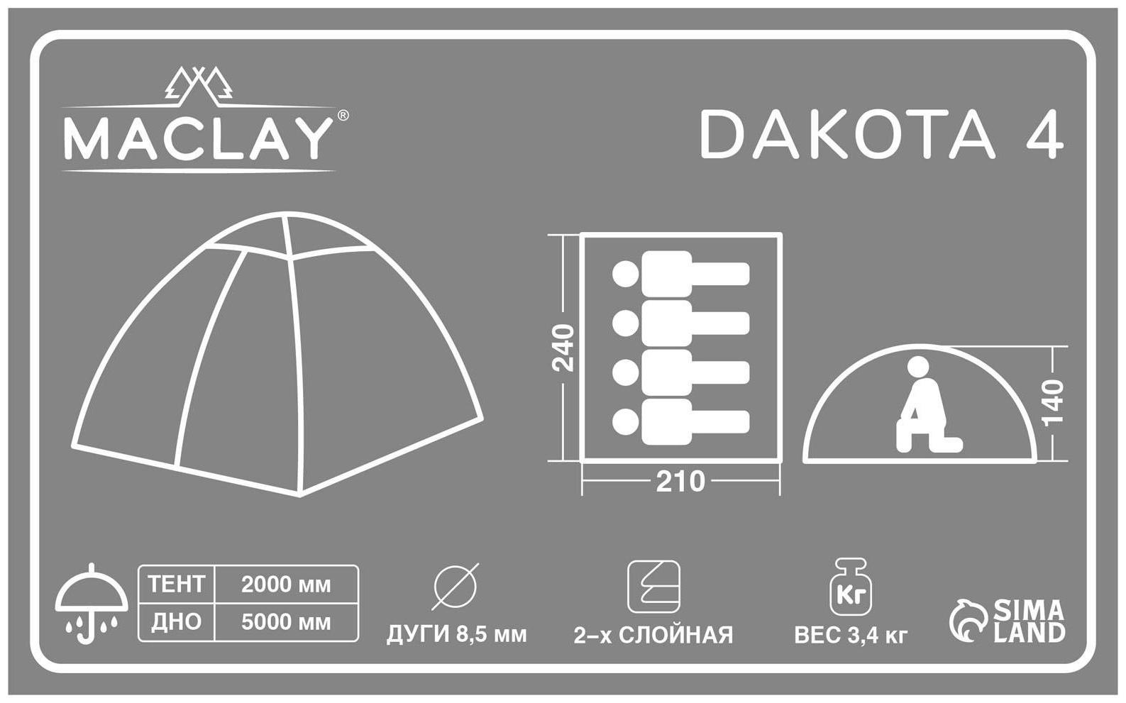 Палатка туристическая DAKOTA 4, р. 210 х 240 х 140 см, 4-местная, двухслойная