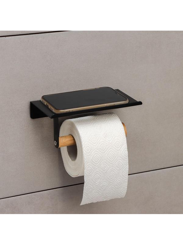Держатель для туалетной бумаги с полочкой BAMBOO, 18×9,7×7,5 см, цвет чёрный