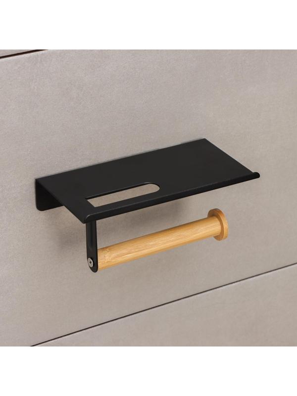Держатель для туалетной бумаги с полочкой BAMBOO, 18×9,7×7,5 см, цвет чёрный