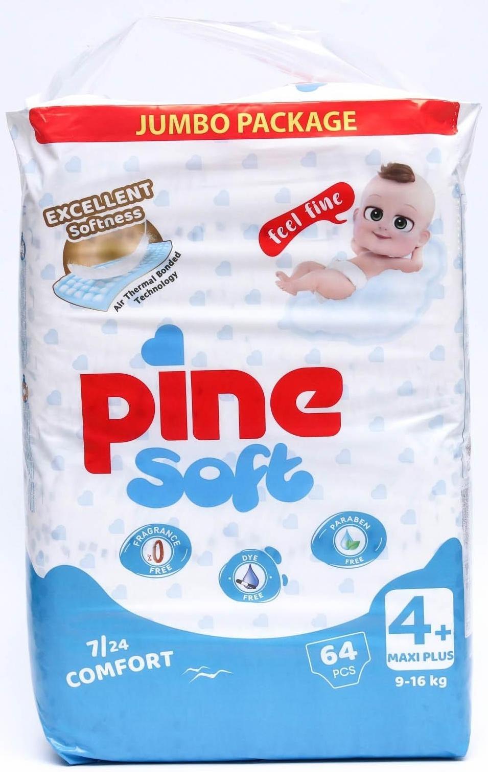 Подгузники детские Pine Soft 4+ Maxi Plus (9-16 kg), 64 шт