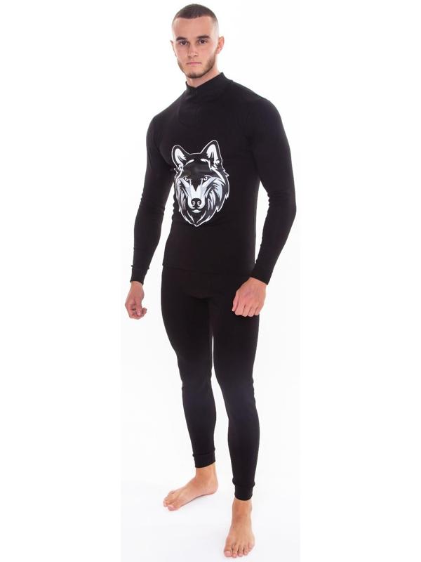 Термобельё мужское НАЧЁС (фуфайка, кальсоны) принт волк, цвет чёрный, размер 50