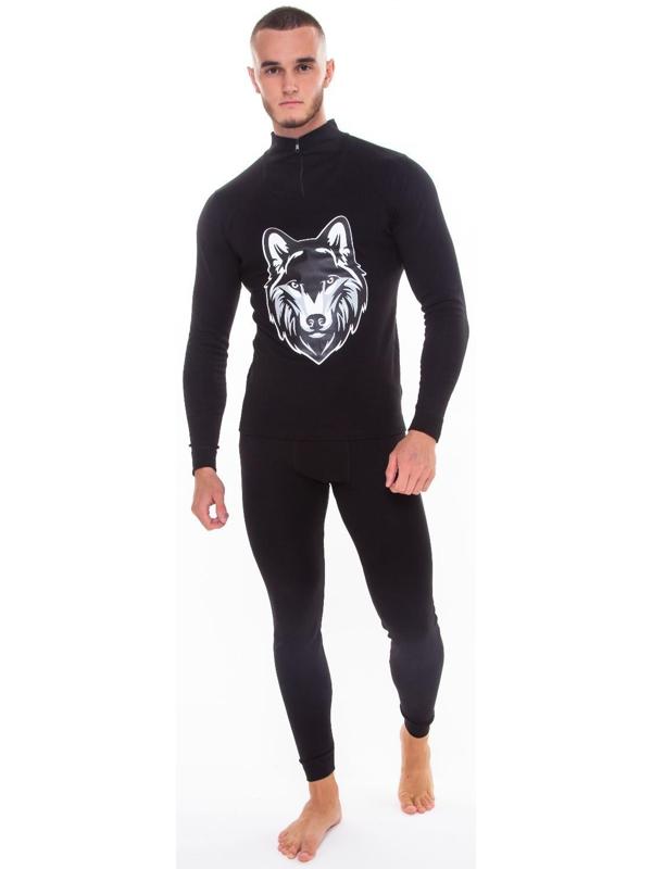 Термобельё мужское НАЧЁС (фуфайка, кальсоны) принт волк, цвет чёрный, размер 52