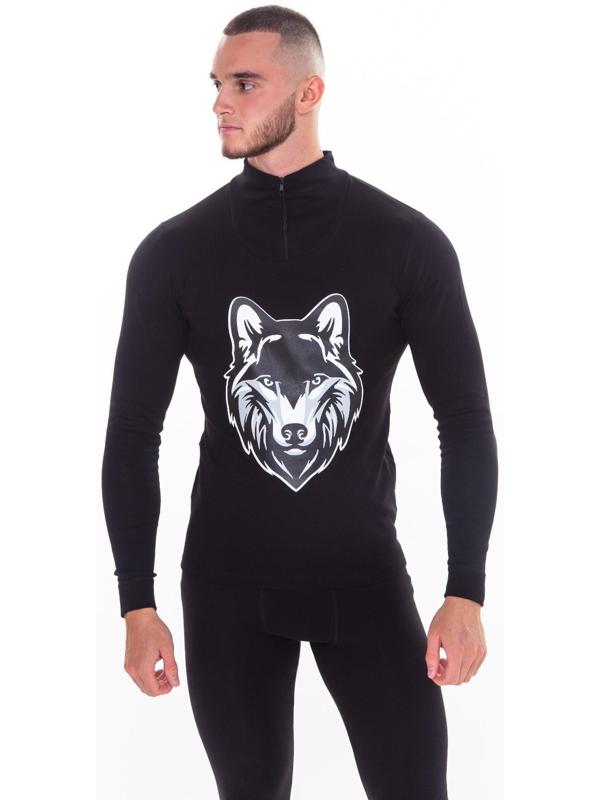 Термобельё мужское НАЧЁС (фуфайка, кальсоны) принт волк, цвет чёрный, размер 56