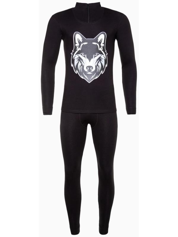 Термобельё мужское НАЧЁС (фуфайка, кальсоны) принт волк, цвет чёрный, размер 56