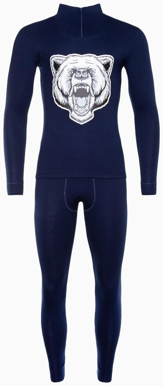 Термобельё мужское НАЧЁС (фуфайка, кальсоны) принт медведь, цвет тёмно-синий, размер 50