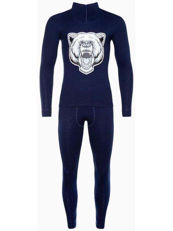 Термобельё мужское НАЧЁС (фуфайка, кальсоны) принт медведь, цвет тёмно-синий, размер 50
