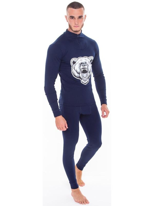 Термобельё мужское НАЧЁС (фуфайка, кальсоны) принт медведь, цвет тёмно-синий, размер 54