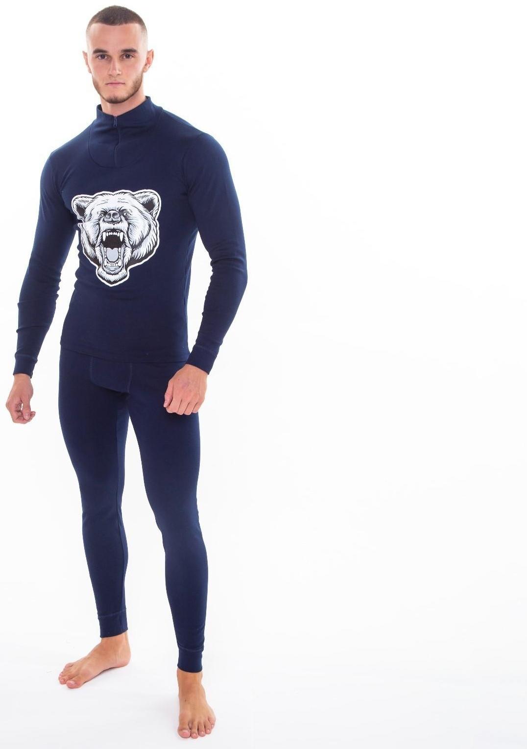 Термобельё мужское НАЧЁС (фуфайка, кальсоны) принт медведь, цвет тёмно-синий, размер 56