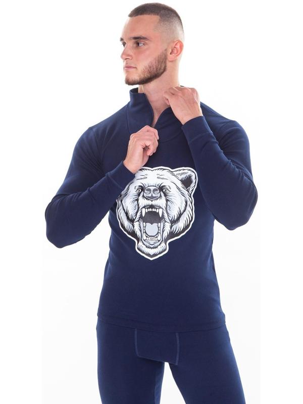 Термобельё мужское НАЧЁС (фуфайка, кальсоны) принт медведь, цвет тёмно-синий, размер 56