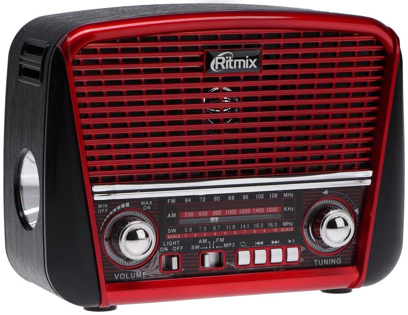 Радиоприемник Ritmix RPR-050 RED, функция MP3-плеера, фонарь, красный