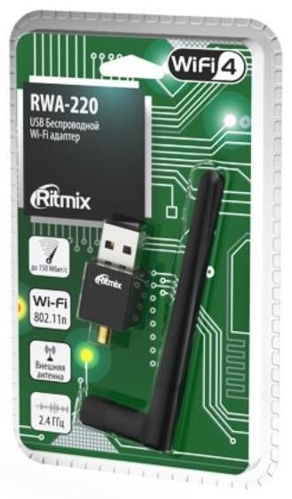 Адаптер W-iFi RITMIX RWA-220, с антенной, USB, 150 Мбит/с, чёрный