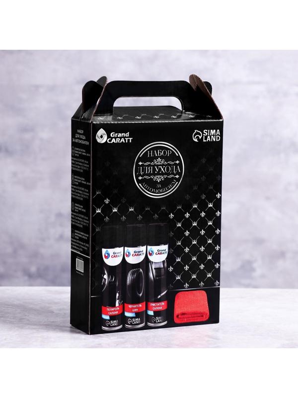 Подарочный набор Grand Caratt для ухода за авто, универсальный: полироль салона 400 мл, очиститель салона 400 мл, чернитель шин 400 мл, микрофибра