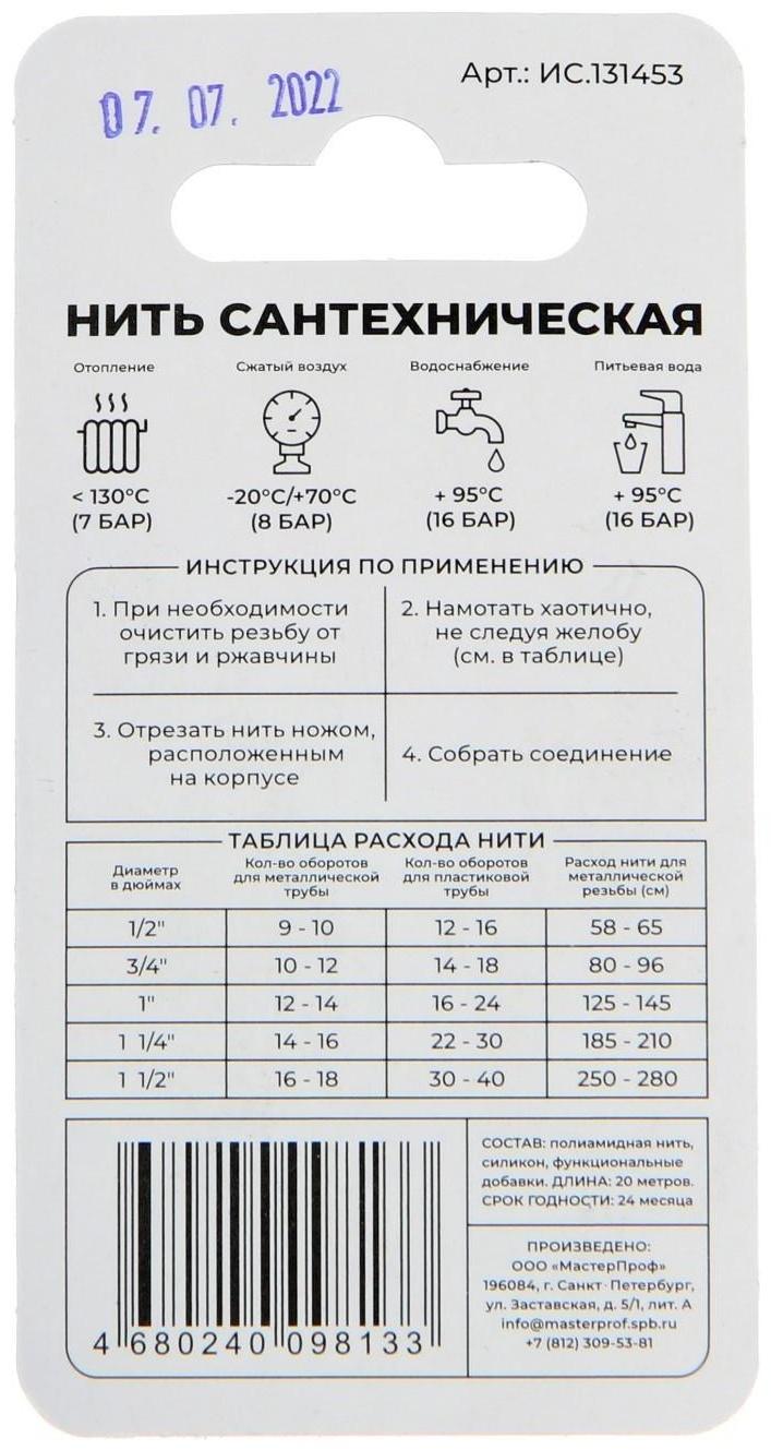 Нить сантехническая Masterprof ИС.131453, для резьбовых соединений, 20 м