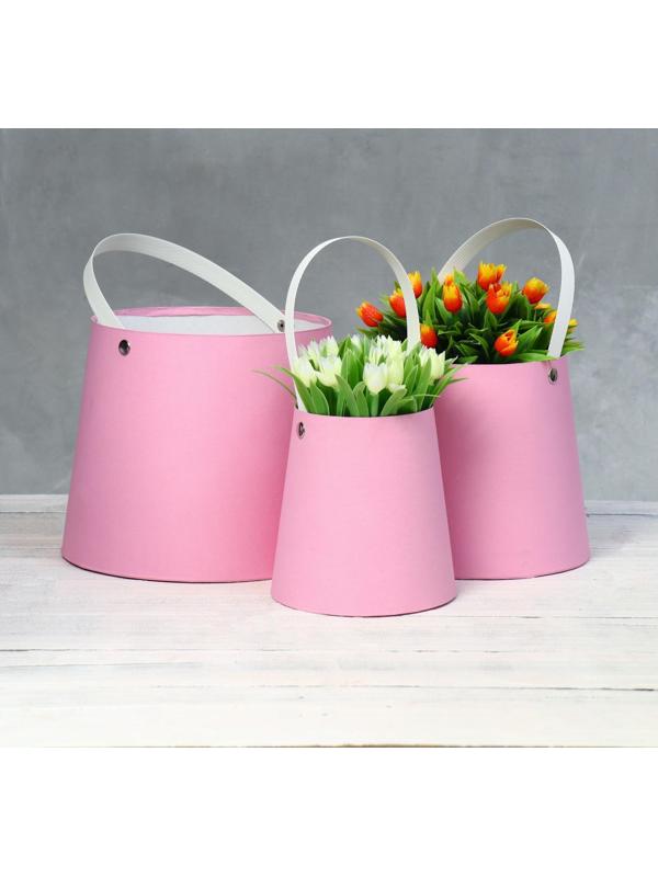 Набор коробок 3 в 1 Обратный конус розовый без крышек с ручкой 11 х 14 х 14-16 х 16 х 18-21