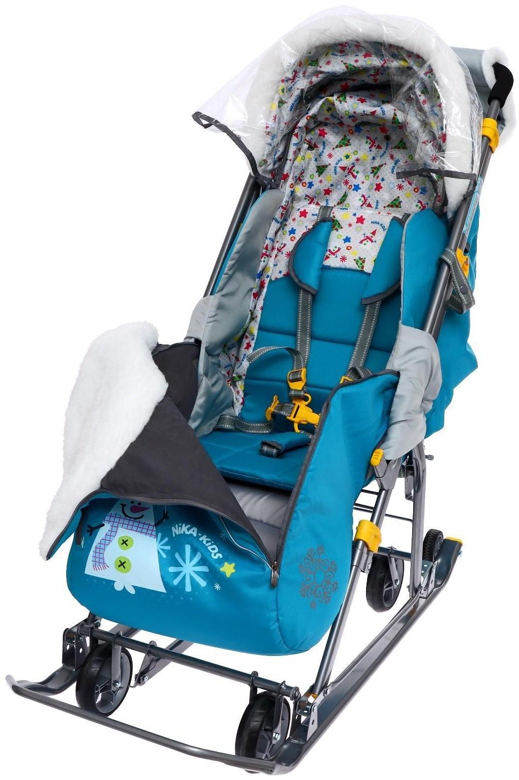 Санки-коляска «Ника Детям 7-6», рисунок со снеговиком, цвет бирюзовый