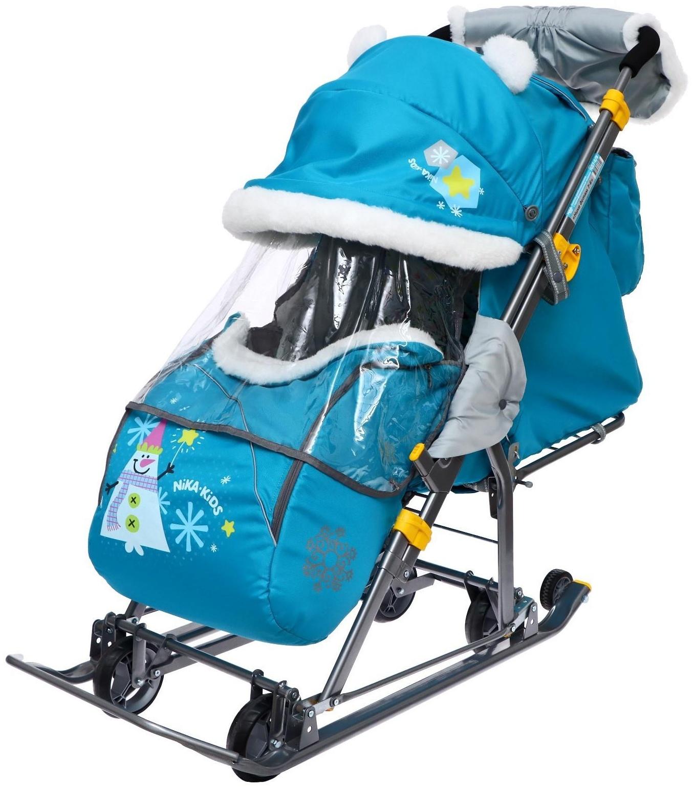 Санки-коляска «Ника Детям 7-6», рисунок со снеговиком, цвет бирюзовый