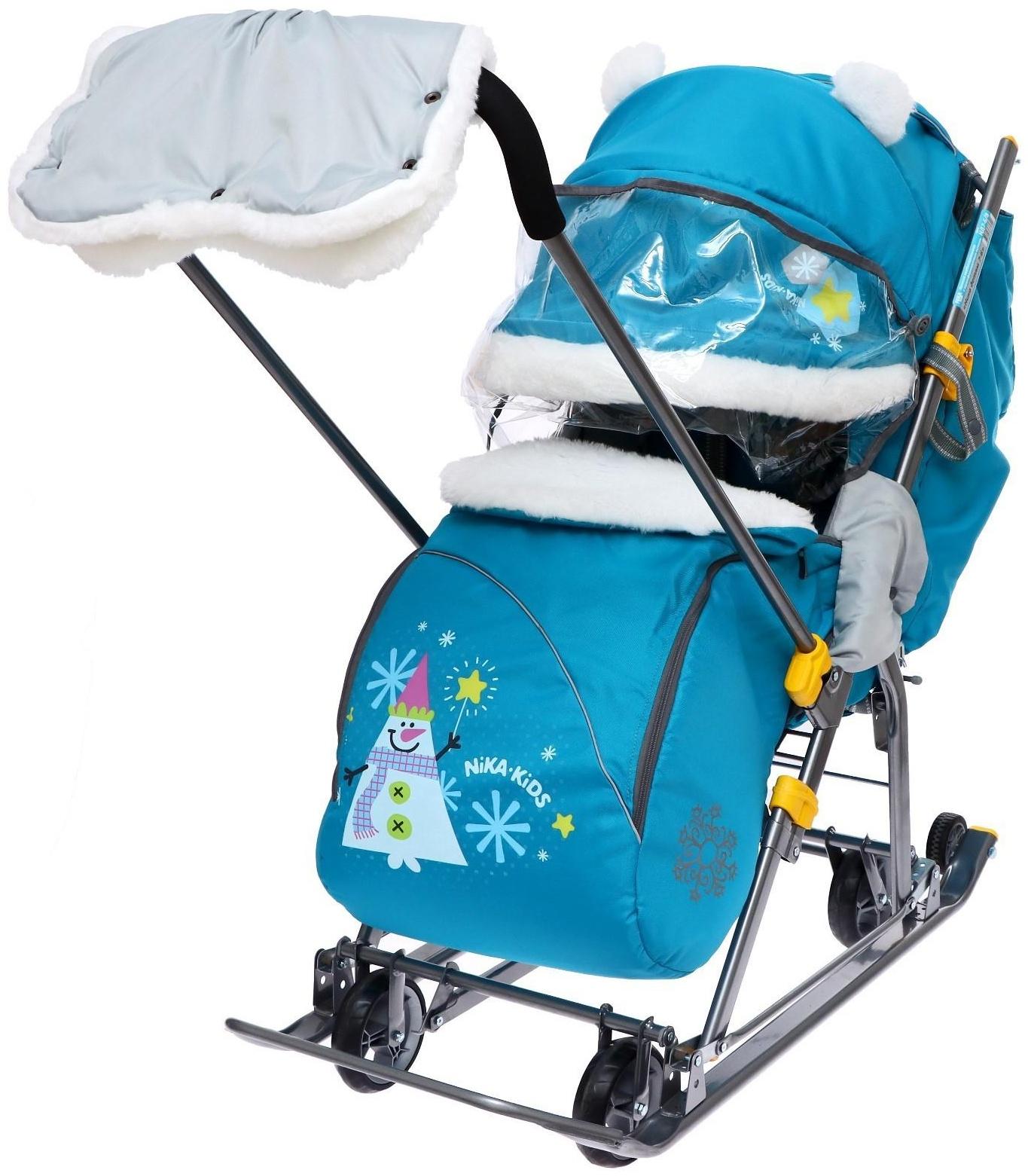 Санки-коляска «Ника Детям 7-6», рисунок со снеговиком, цвет бирюзовый