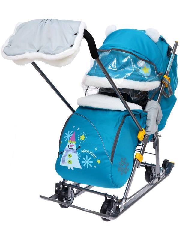 Санки-коляска «Ника Детям 7-6», рисунок со снеговиком, цвет бирюзовый