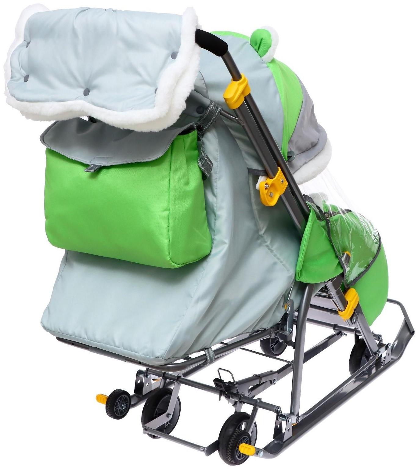 Санки-коляска «Ника Детям 7-6», рисунок с енотом, цвет зеленый/ серый