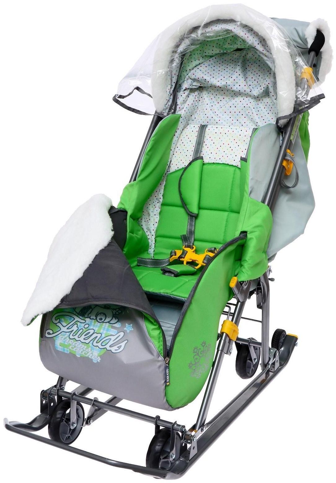 Санки-коляска «Ника Детям 7-6», рисунок с енотом, цвет зеленый/ серый