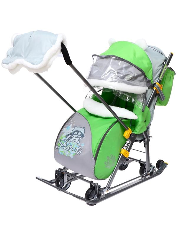 Санки-коляска «Ника Детям 7-6», рисунок с енотом, цвет зеленый/ серый