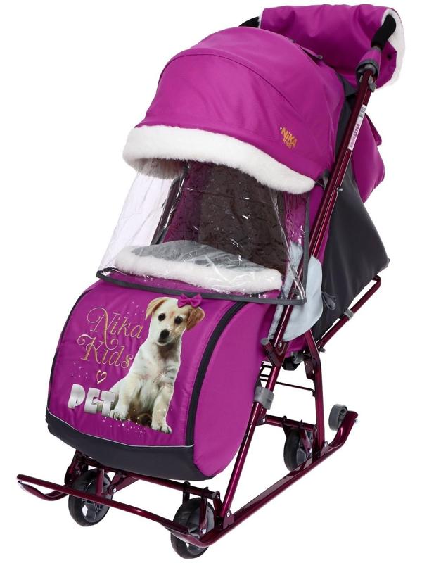 Санки-коляска «Наши детки» 4-1, кузов трансформер, рисунок со щенком орхидея