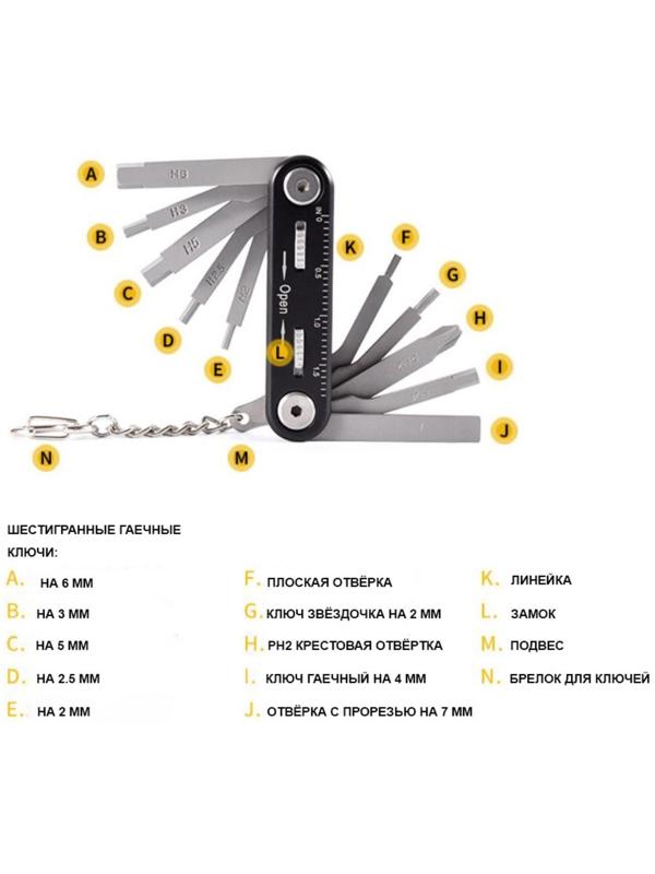 Мультитул-брелок 11в1 отвертки, ключи, линейка, черный