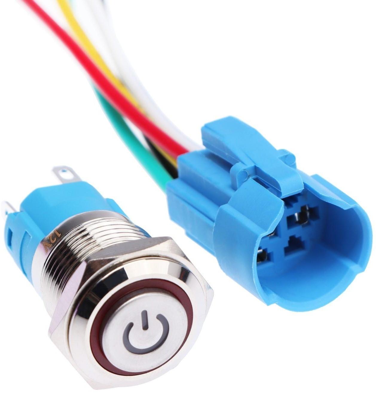 Выключатель, 12 В, 3 А, 5 pin, IP67, d 16мм, провод 15 см, красный