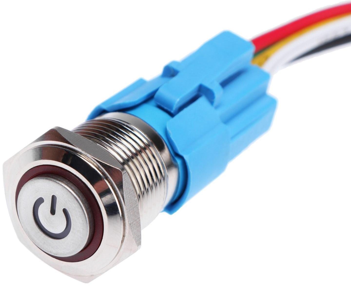 Выключатель, 12 В, 3 А, 5 pin, IP67, d 16мм, провод 15 см, красный