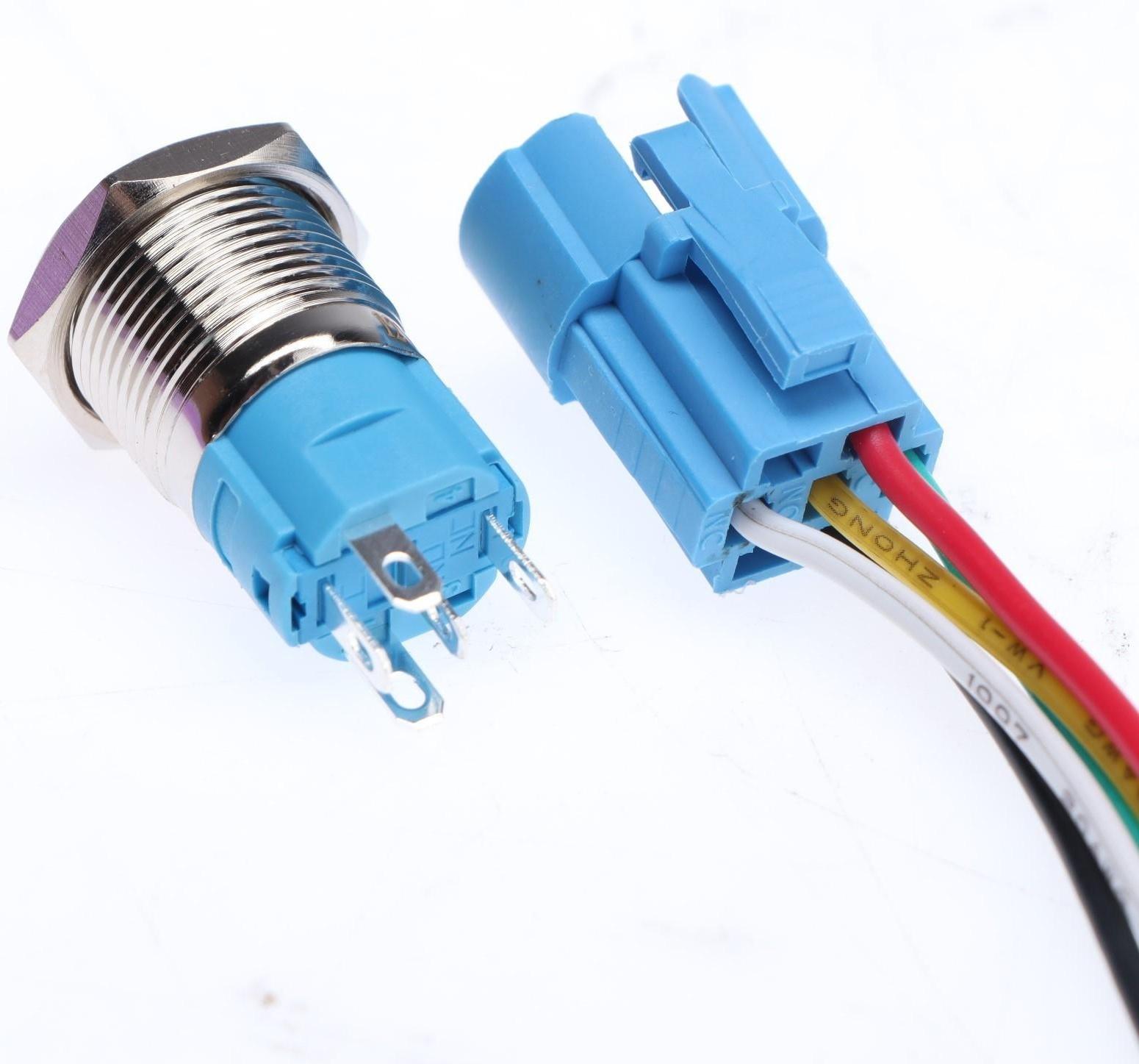 Выключатель, 12 В, 3 А, 5 pin, IP67, d 16мм, провод 15 см, красный